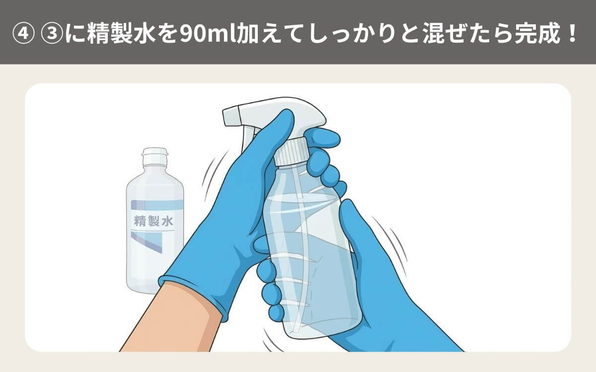④ ③に精製水を90ml加えてしっかりと混ぜたら完成！