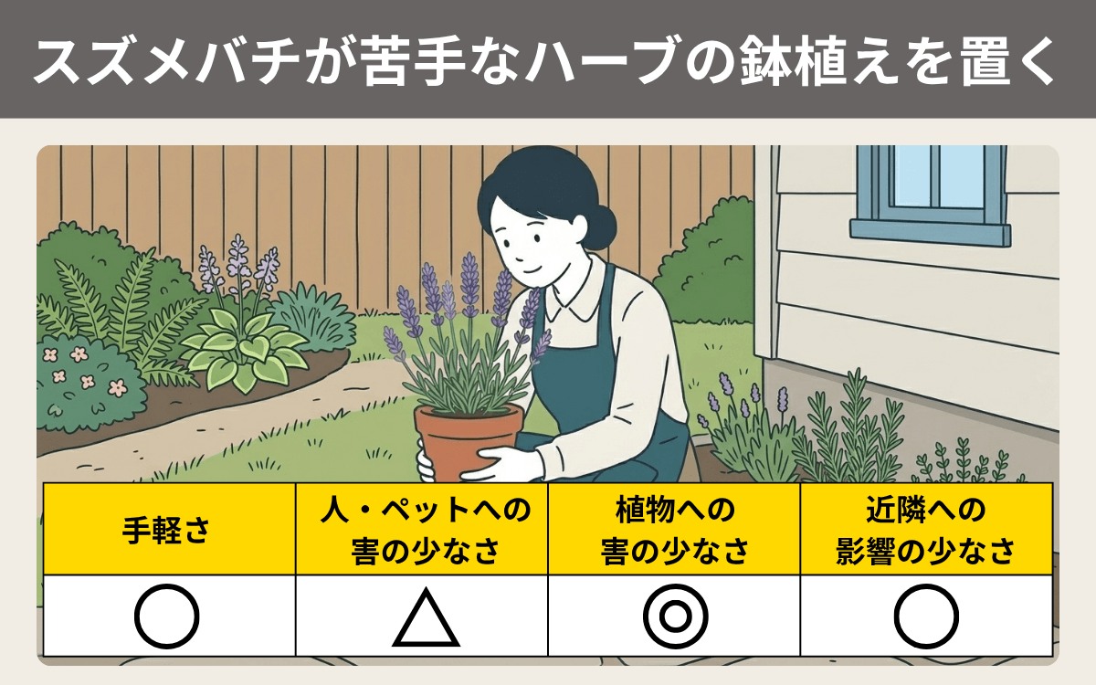 スズメバチが苦手なハーブの鉢植えを置く 2