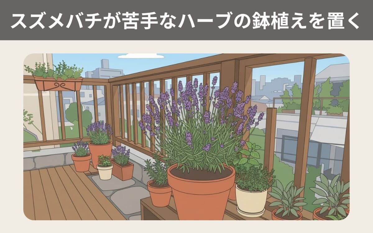 スズメバチが苦手なハーブの鉢植えを置く