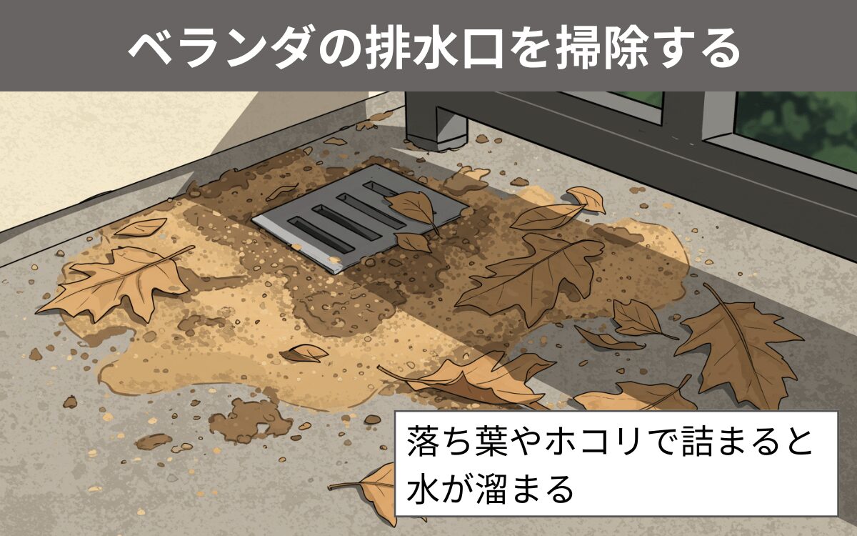 ベランダの排水口を掃除する