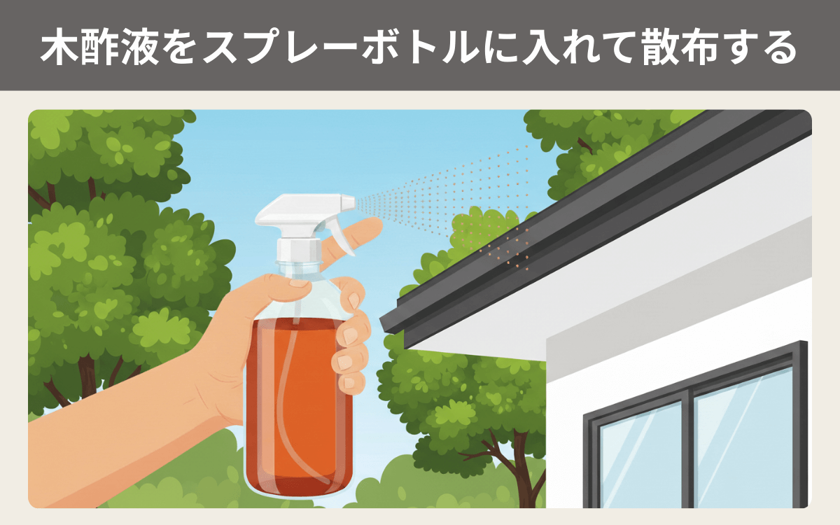 木酢液をスプレーボトルに入れて散布する