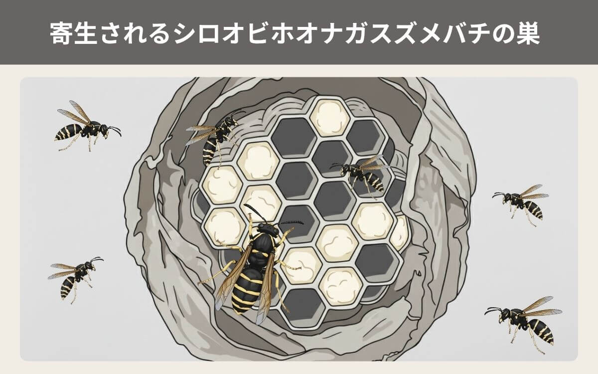 ヤドリホオナガスズメバチに寄生されるシロオビホオナガスズメバチ