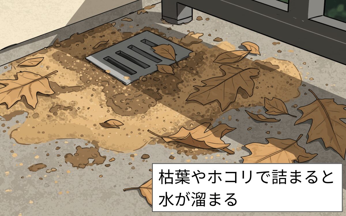 枯葉やホコリで詰まると水が溜まる