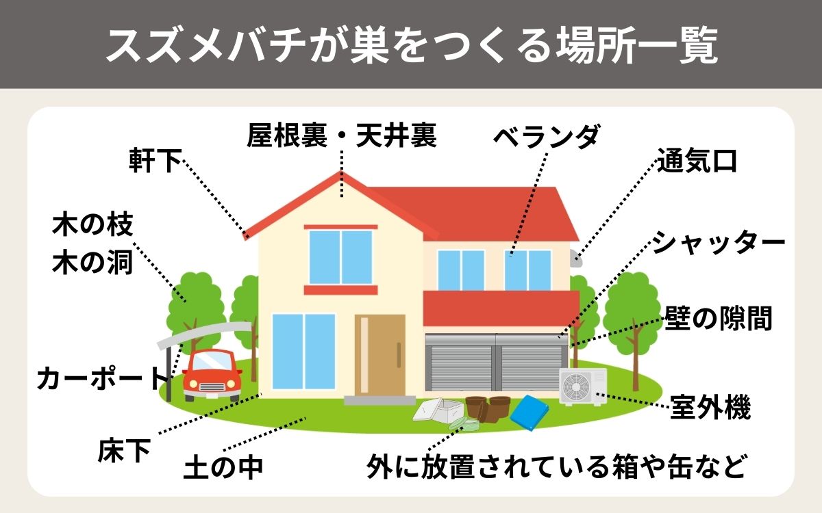 スズメバチが巣をつくる場所一覧