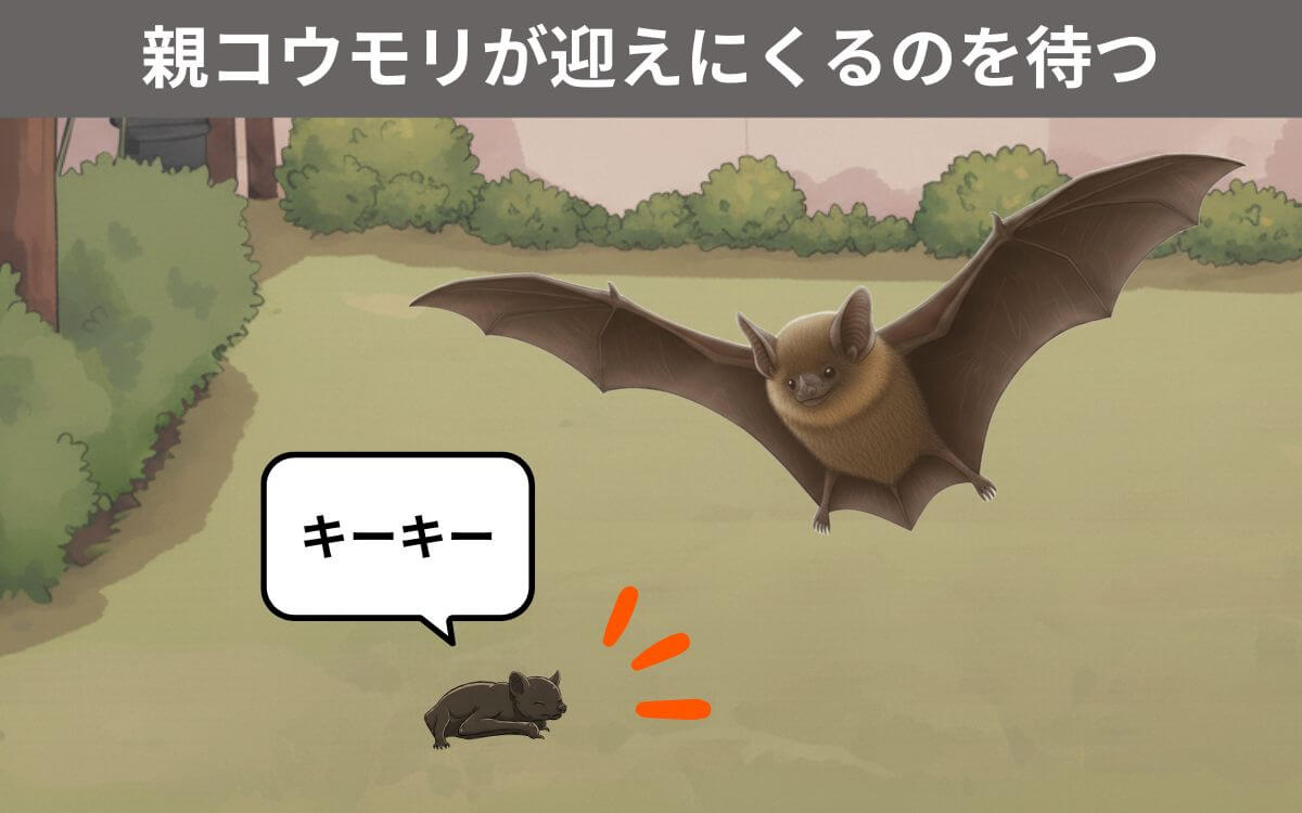 赤ちゃんを迎えに来た親コウモリ