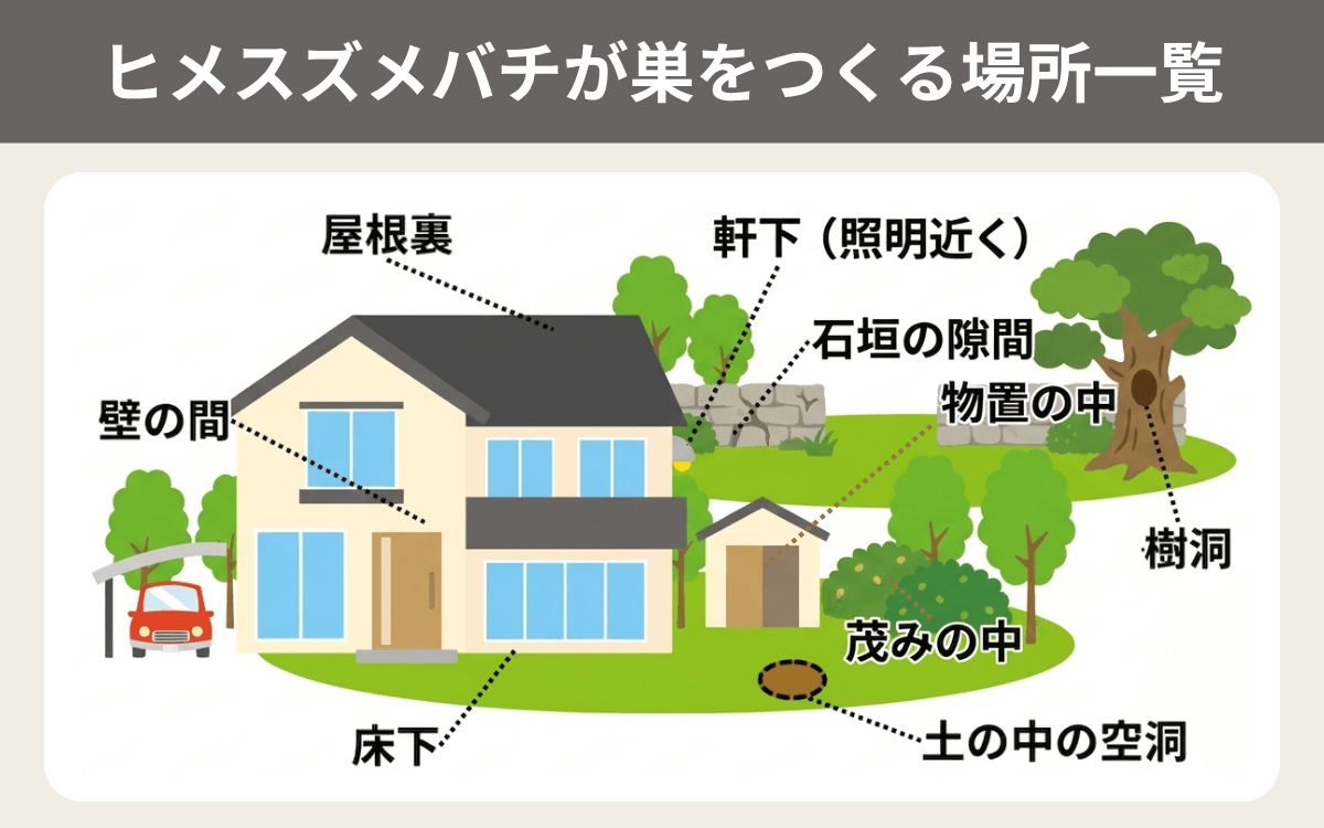 ヒメスズメバチが巣をつくる場所一覧