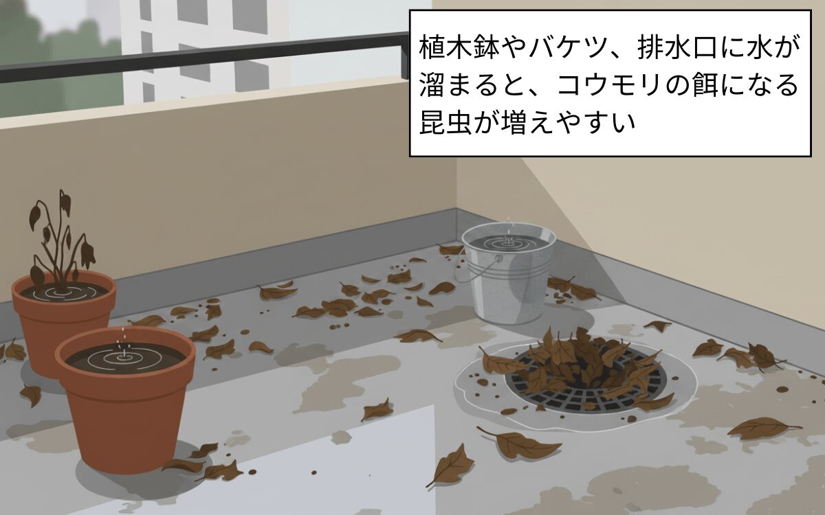 枯葉で詰まった排水溝と水の溜まった鉢・バケツ