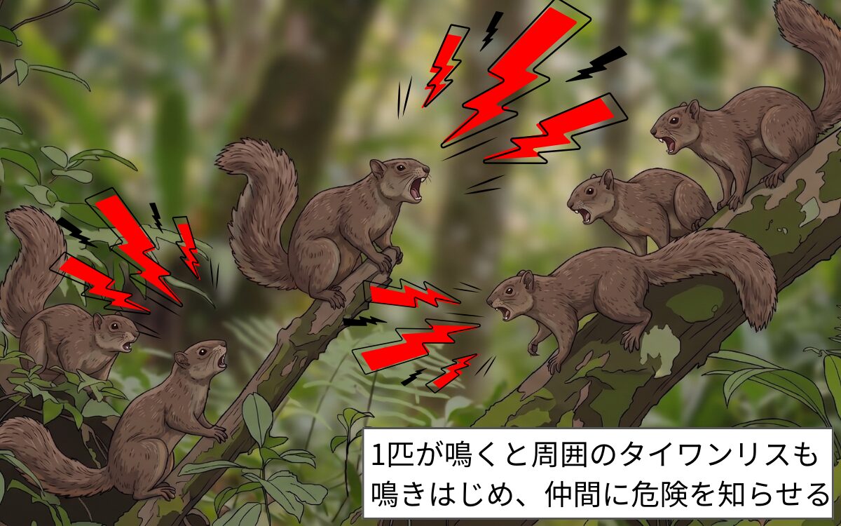 1匹鳴くと周りのタイワンリスも鳴きはじめる