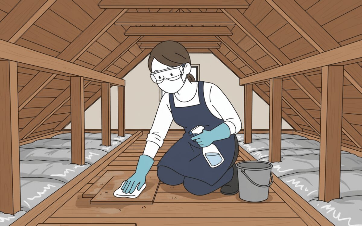 コウモリの巣を清掃・消毒