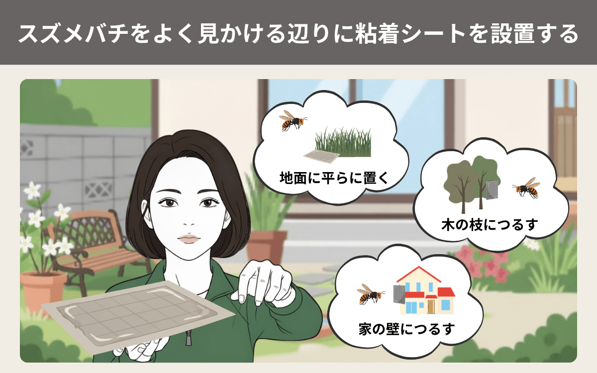 スズメバチをよく見かける辺りに粘着シートを設置する