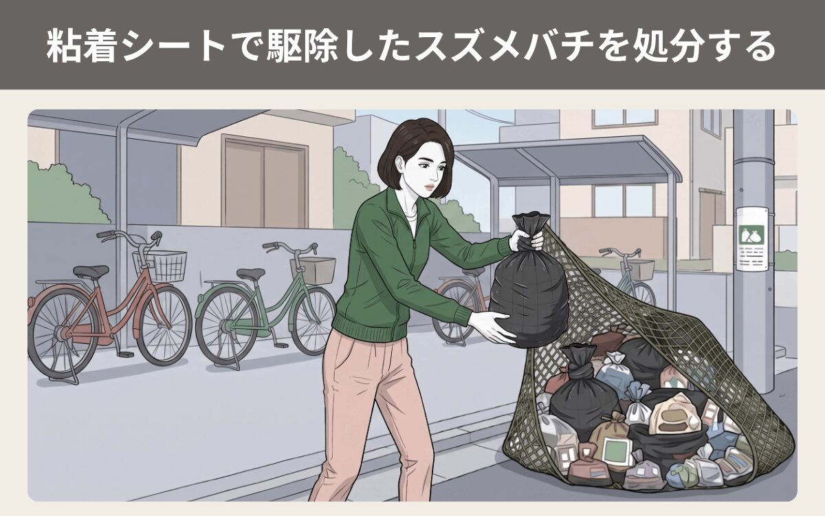 粘着シートで駆除したスズメバチを処分する