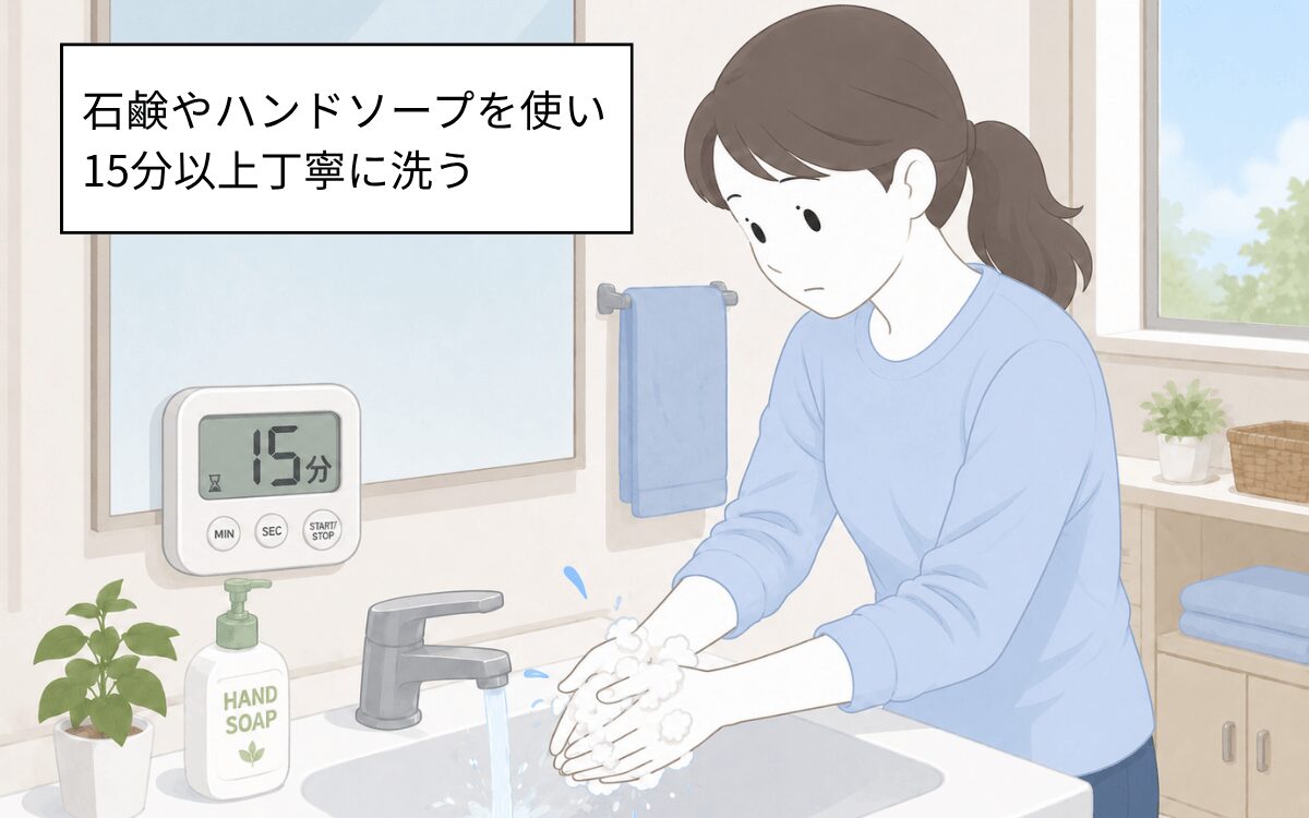 コウモリがついた衣類を触ったら手洗いが必須