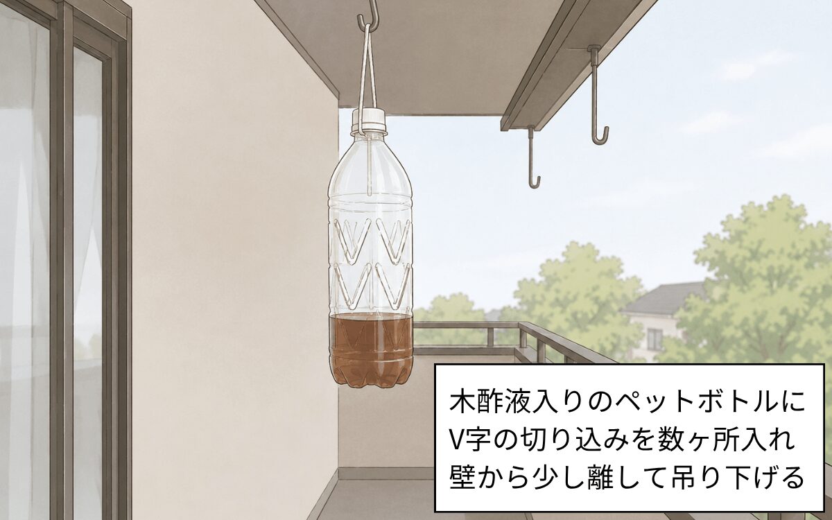 木酢液入りのペットボトルを吊り下げる