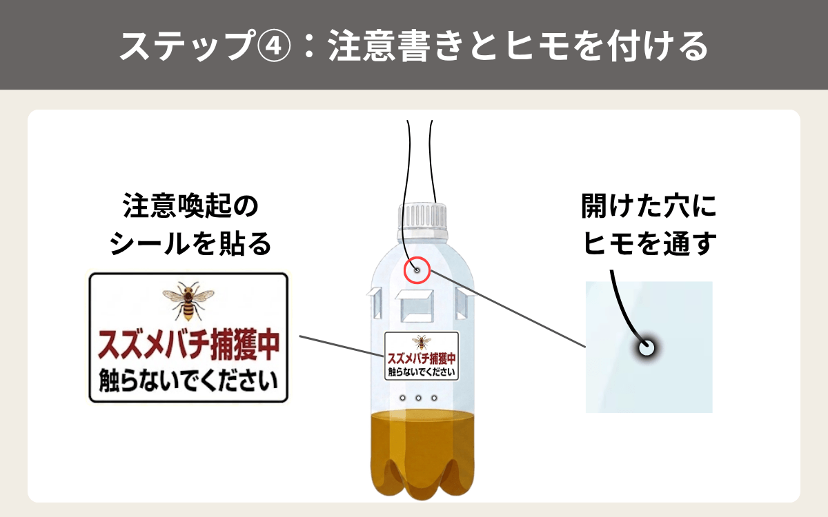 ステップ④：スズメバチトラップに注意書きとヒモを付けて完成