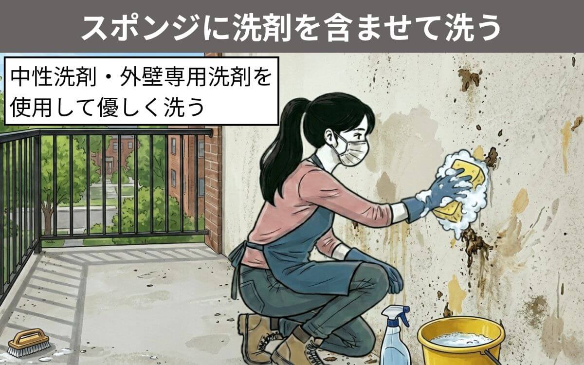 スポンジに洗剤を含ませて洗う