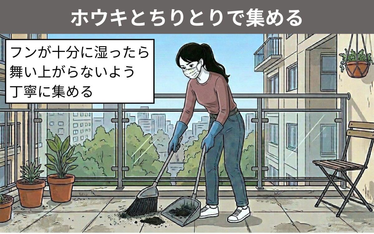 ホウキとちりとりで集める