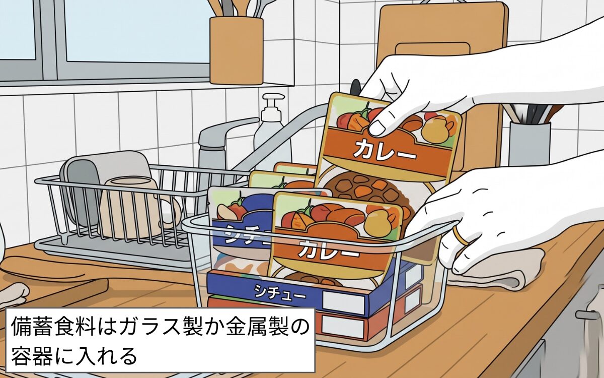 備蓄食料を密封容器にいれる