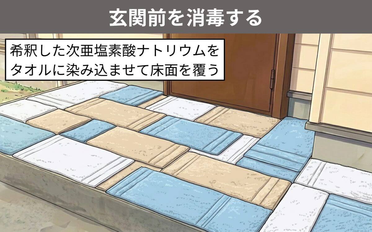玄関前を消毒する
