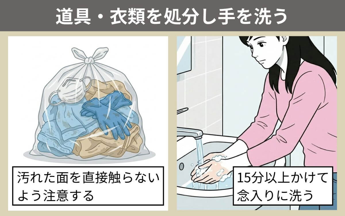 道具と衣類を処分して手を洗う