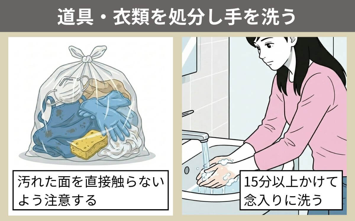 道具と衣類を処分し手を洗う