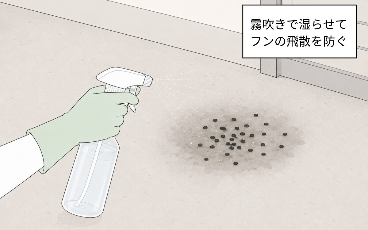 霧吹きでフンを湿らせる
