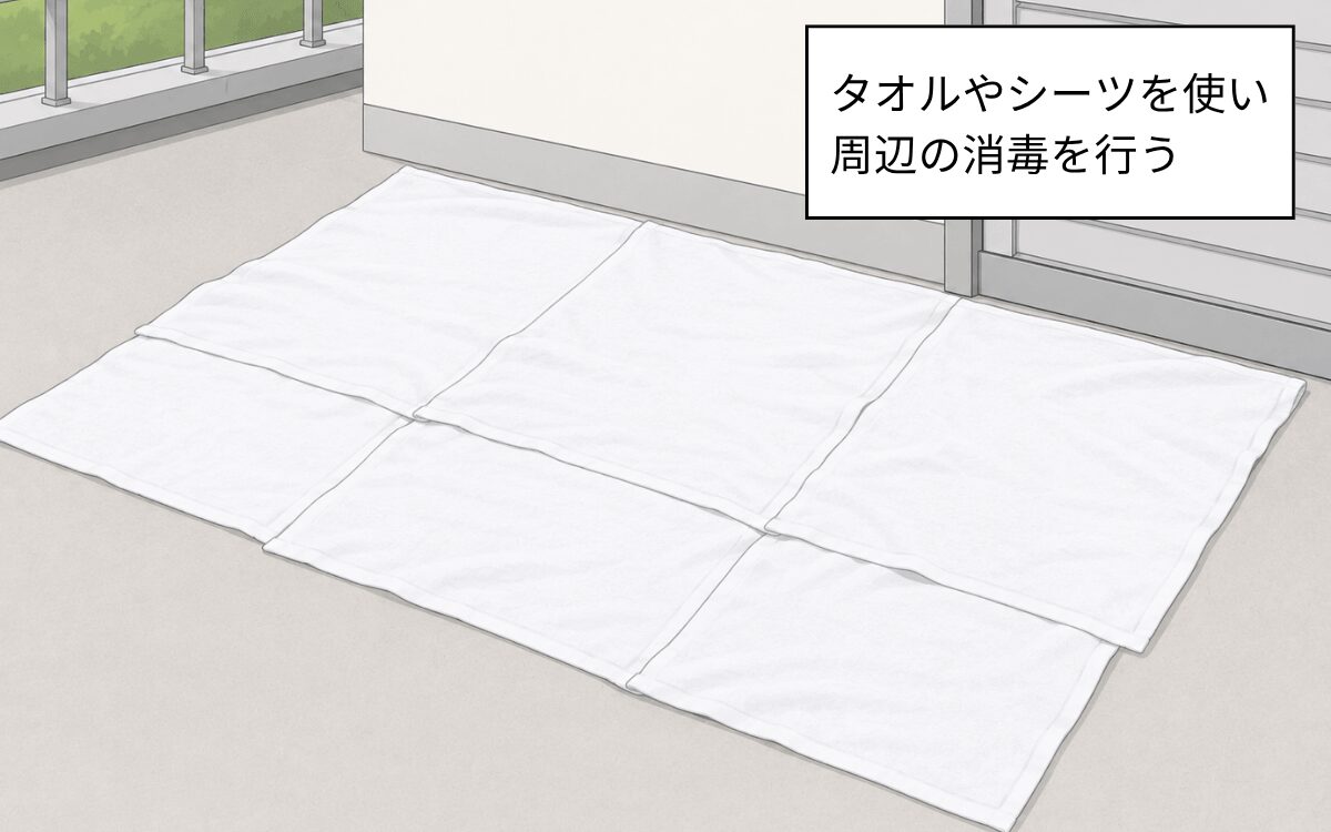外壁周辺をタオルやシーツで消毒