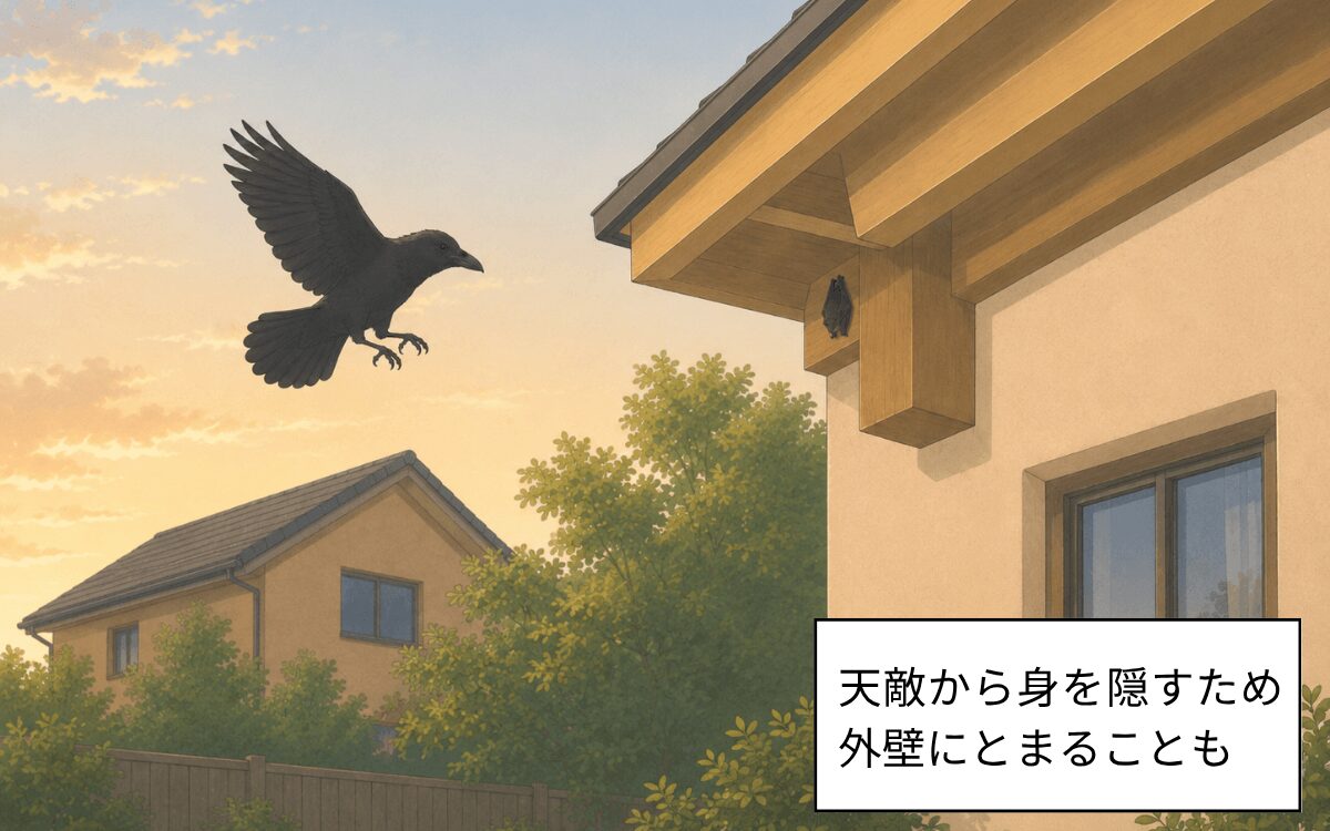 天敵から逃れるために外壁に泊まるコウモリ