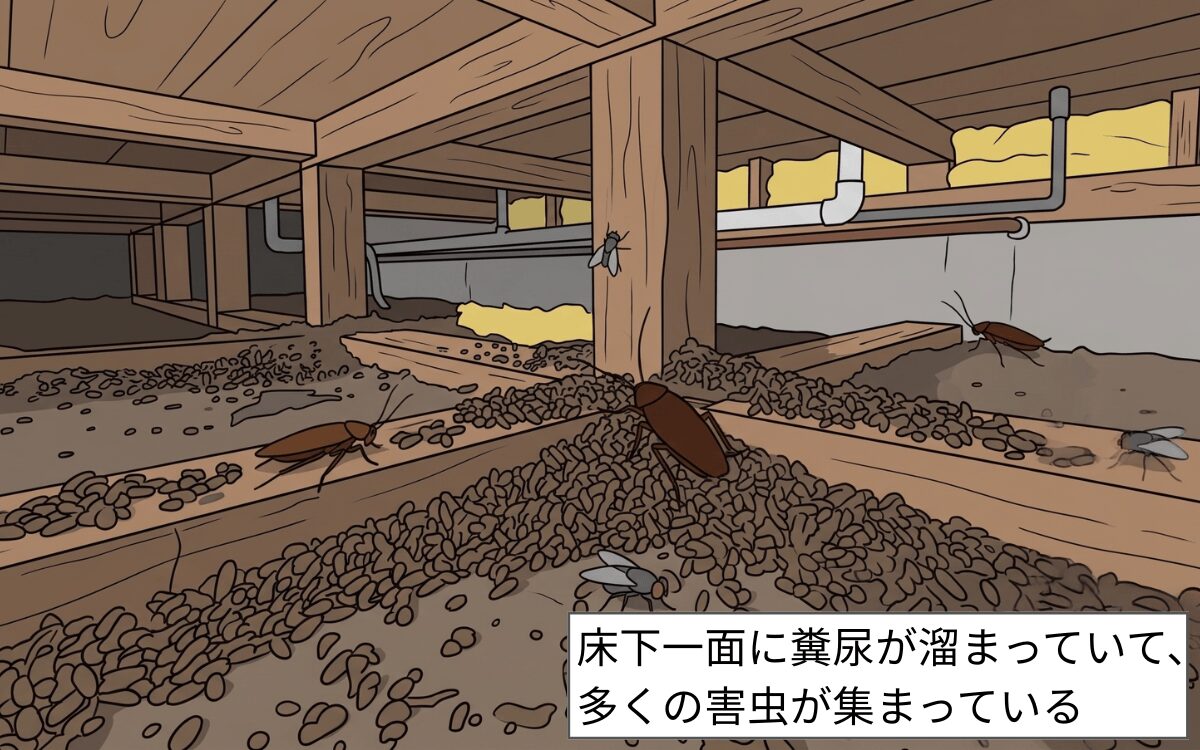 大量の糞尿が蓄積している