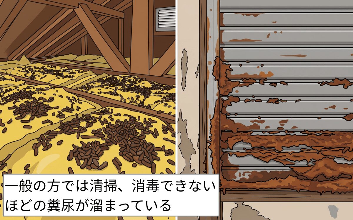 おびただしい量の糞尿が蓄積している
