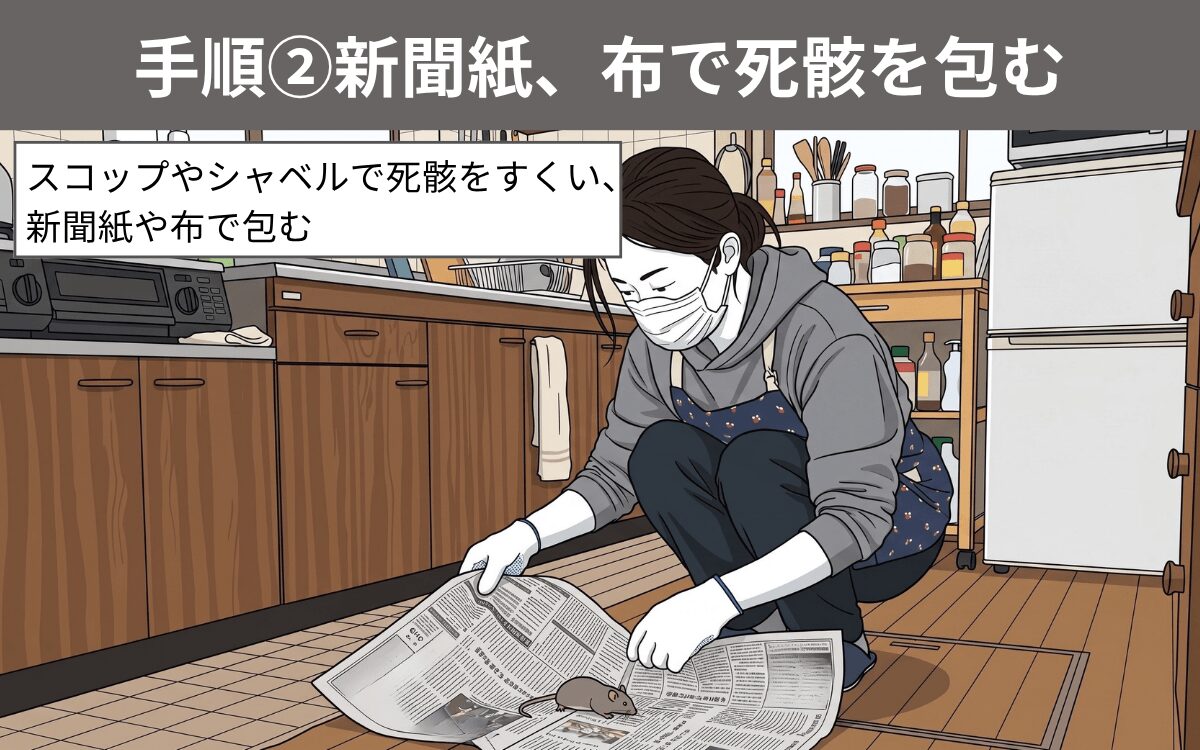 手順②新聞紙、布で死骸を包む