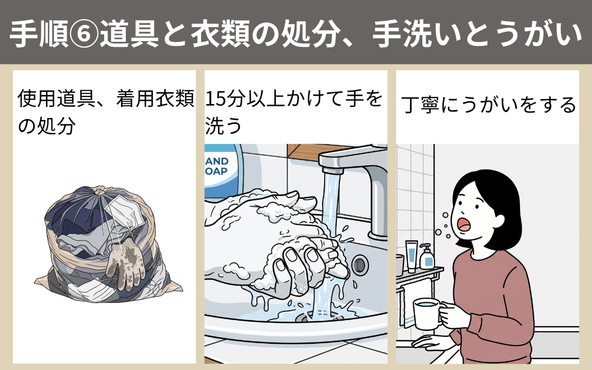 手順⑥道具と衣類の処分、手洗いとうがい