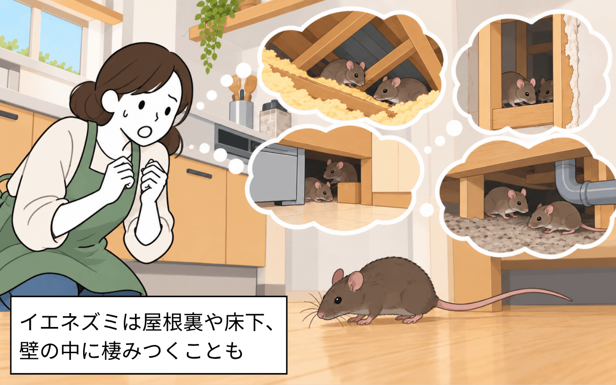 イエネズミは屋根裏や床下などにも棲みつく