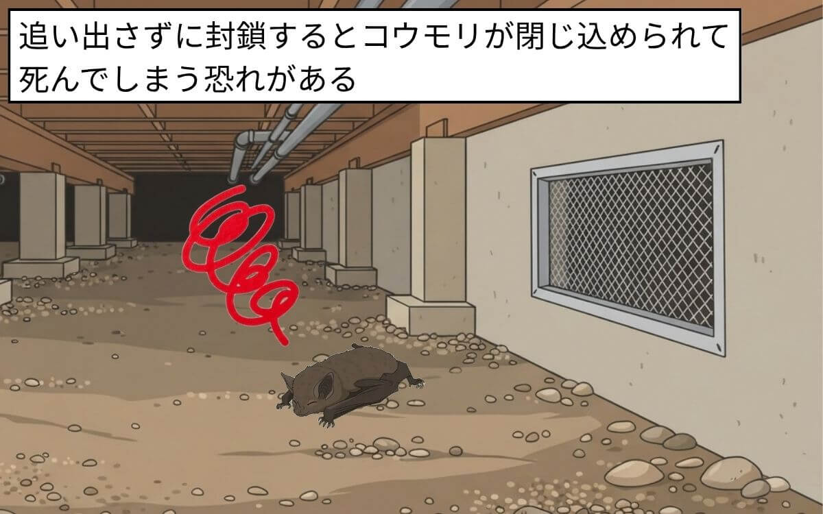 コウモリをすべて追い出してから侵入経路を塞ぐ