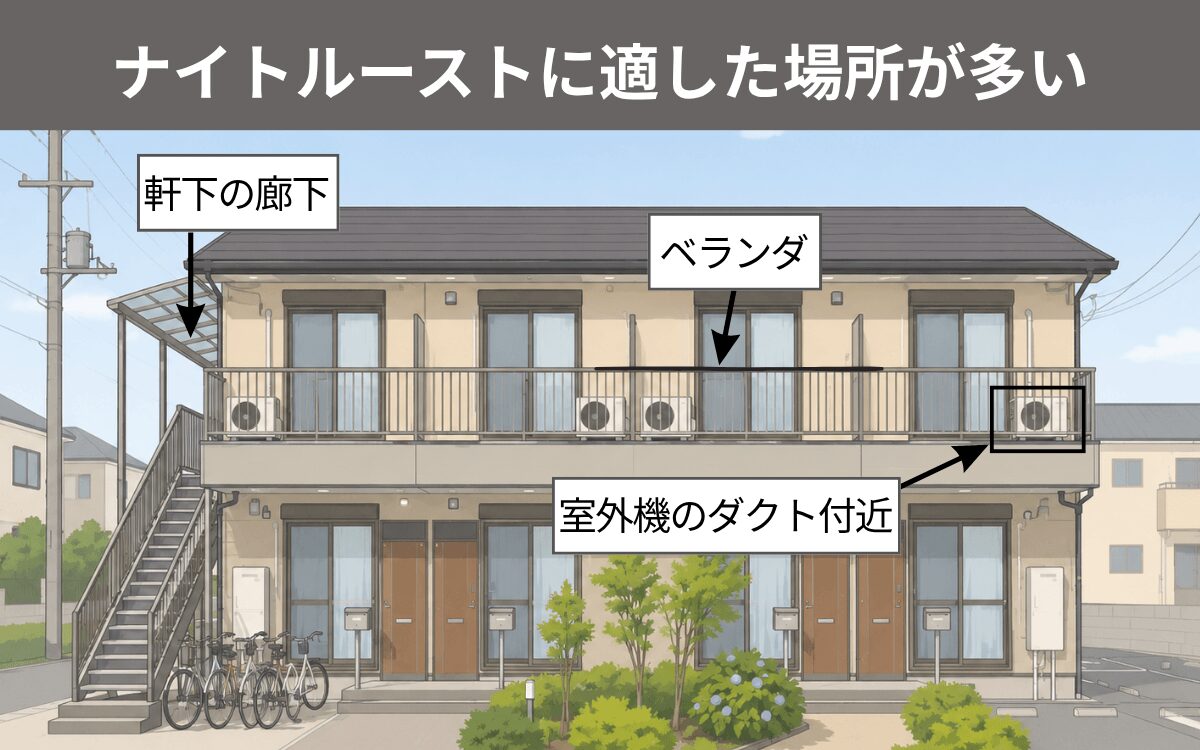 ナイトルーストに適した場所が多い コウモリ アパート