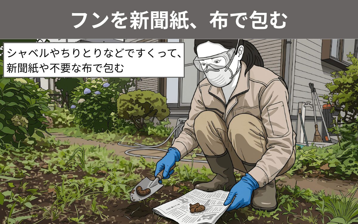 フンを新聞紙、布で包む
