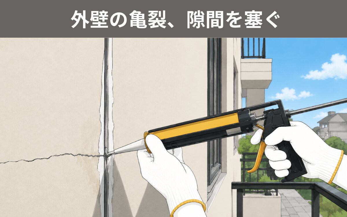 外壁の亀裂、隙間を塞ぐ