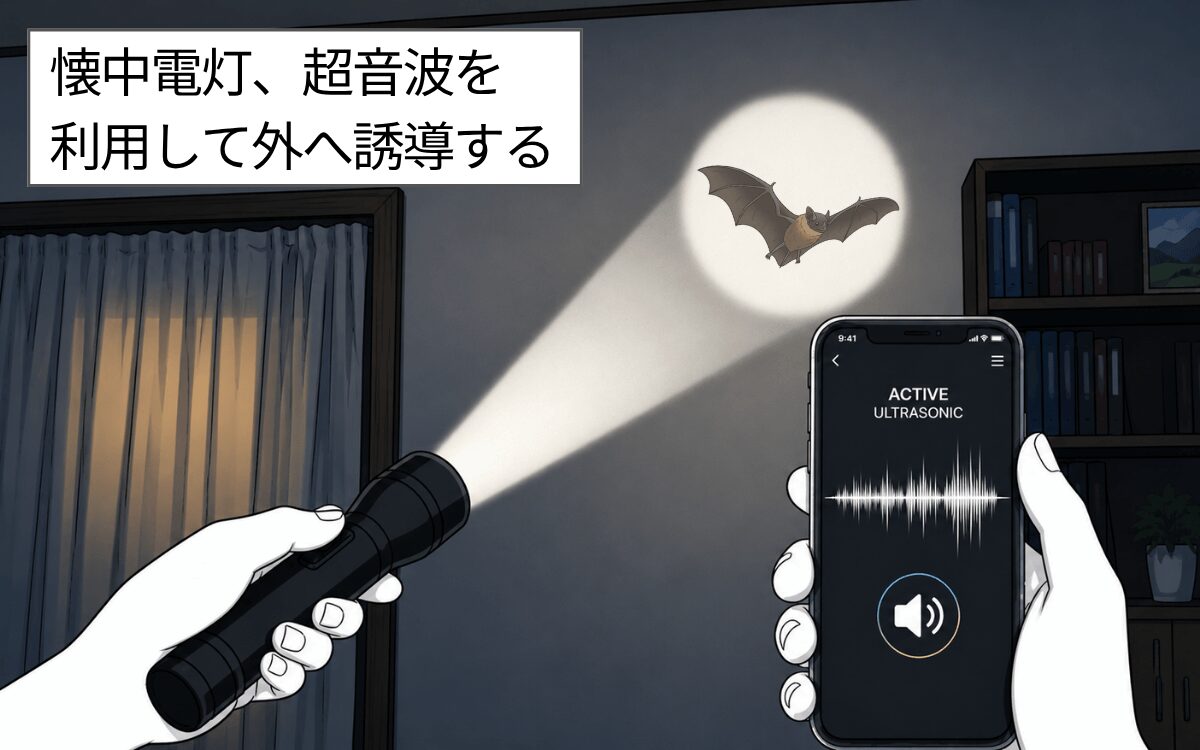 室内に入ってきたコウモリを追い出す