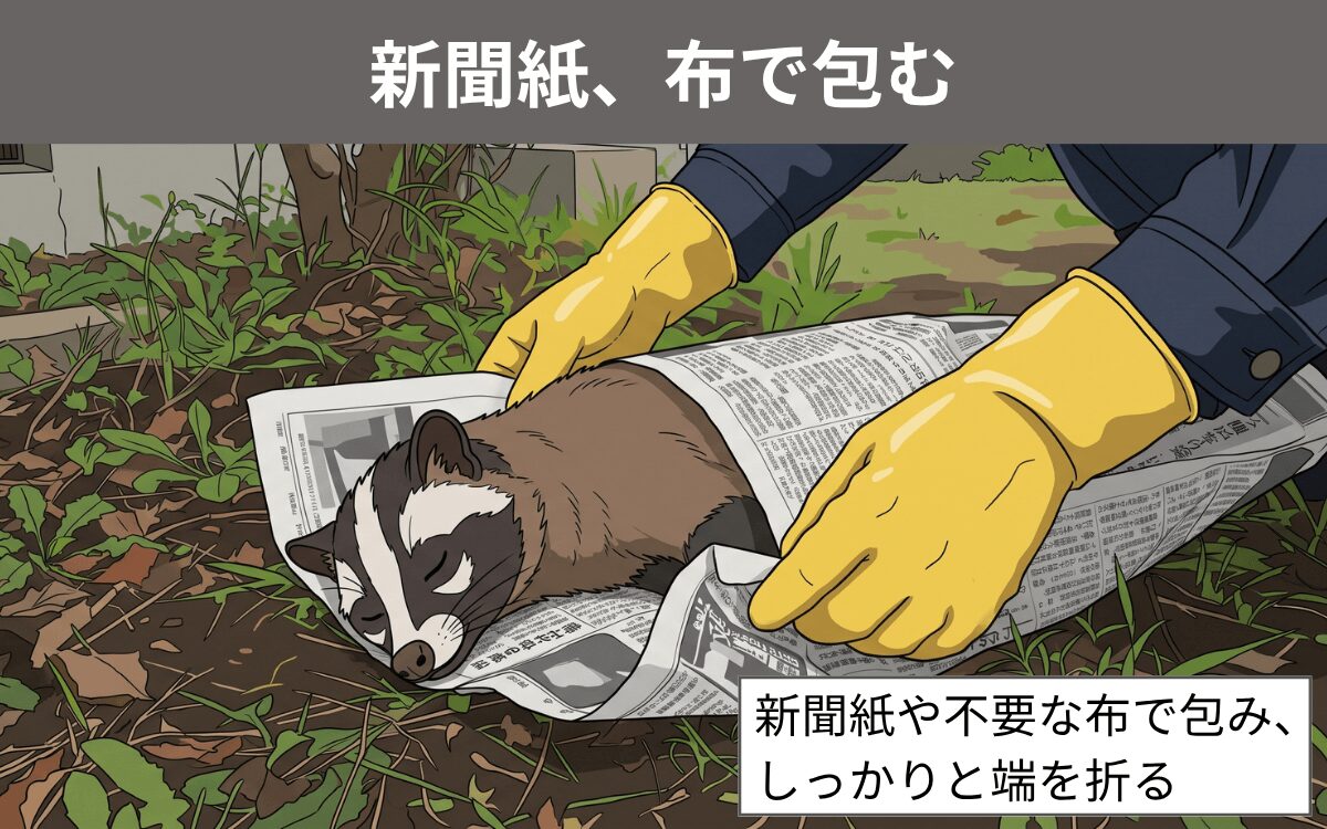 新聞紙、布で包む ハクビシン