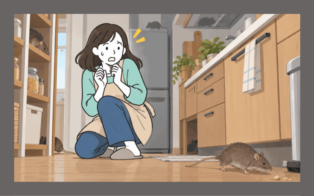 1匹のネズミを見つけて慌てる女性